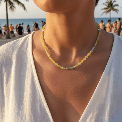 14" Summertime lime green, lemon and clear glass beads necklace. - Arts & Scraps
