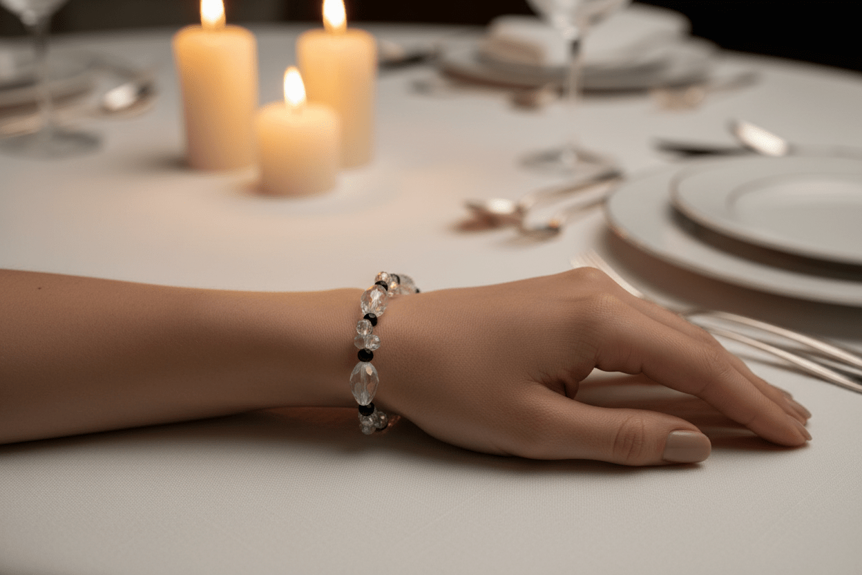 6in Elegant black and clear glass bead bracelet with single glass drop charm. - Arts & Scraps