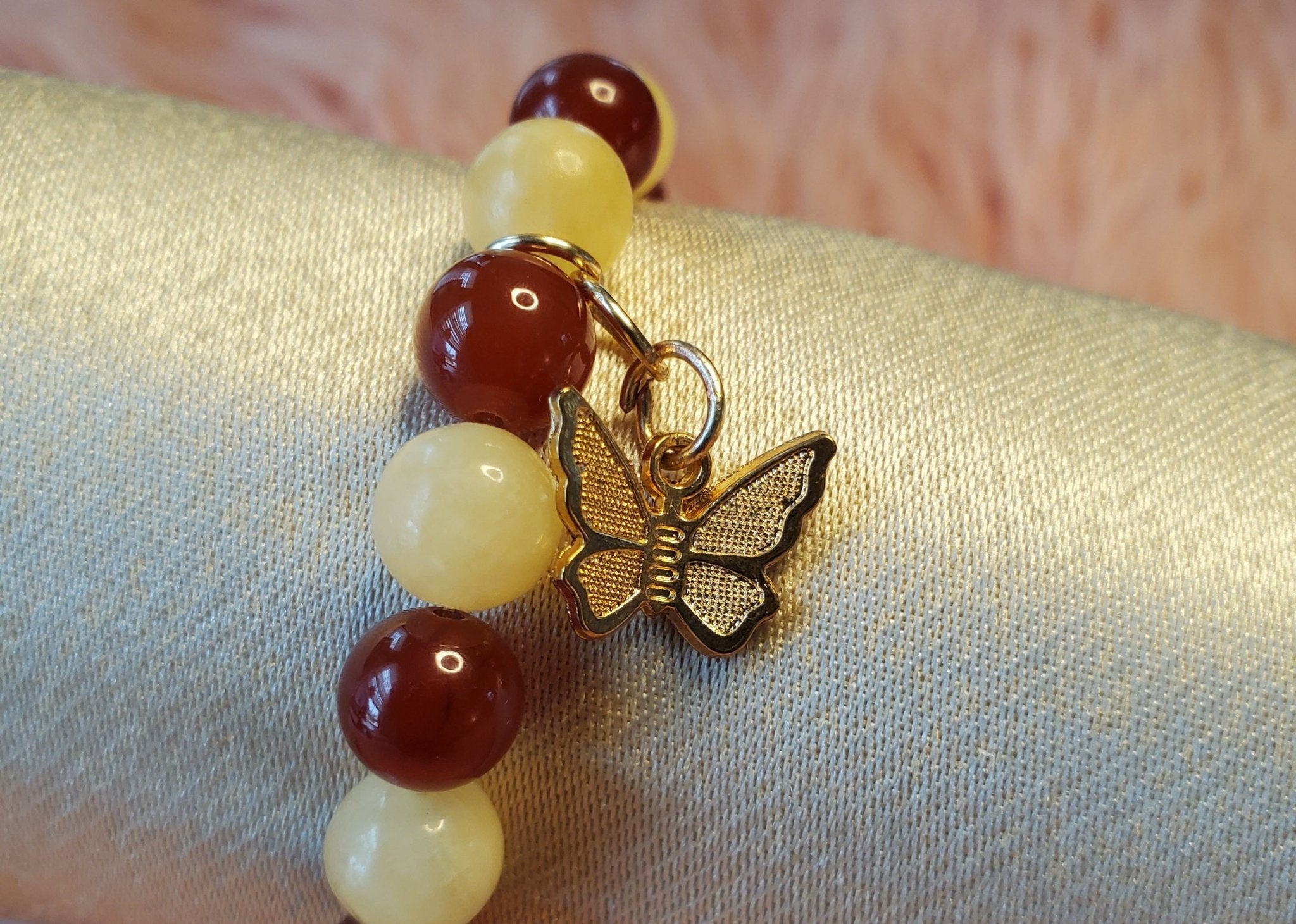 Amazing wine red and light gold bracelet w/charm - Arts & Scraps