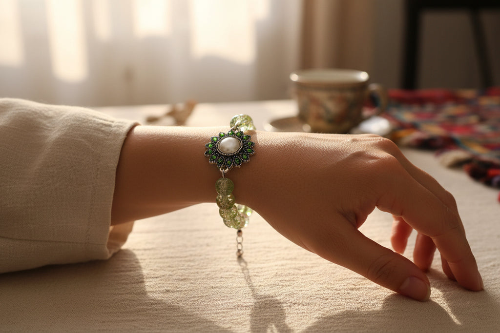 Green glass bead olivine rhinestone Bracelet - Arts & Scraps