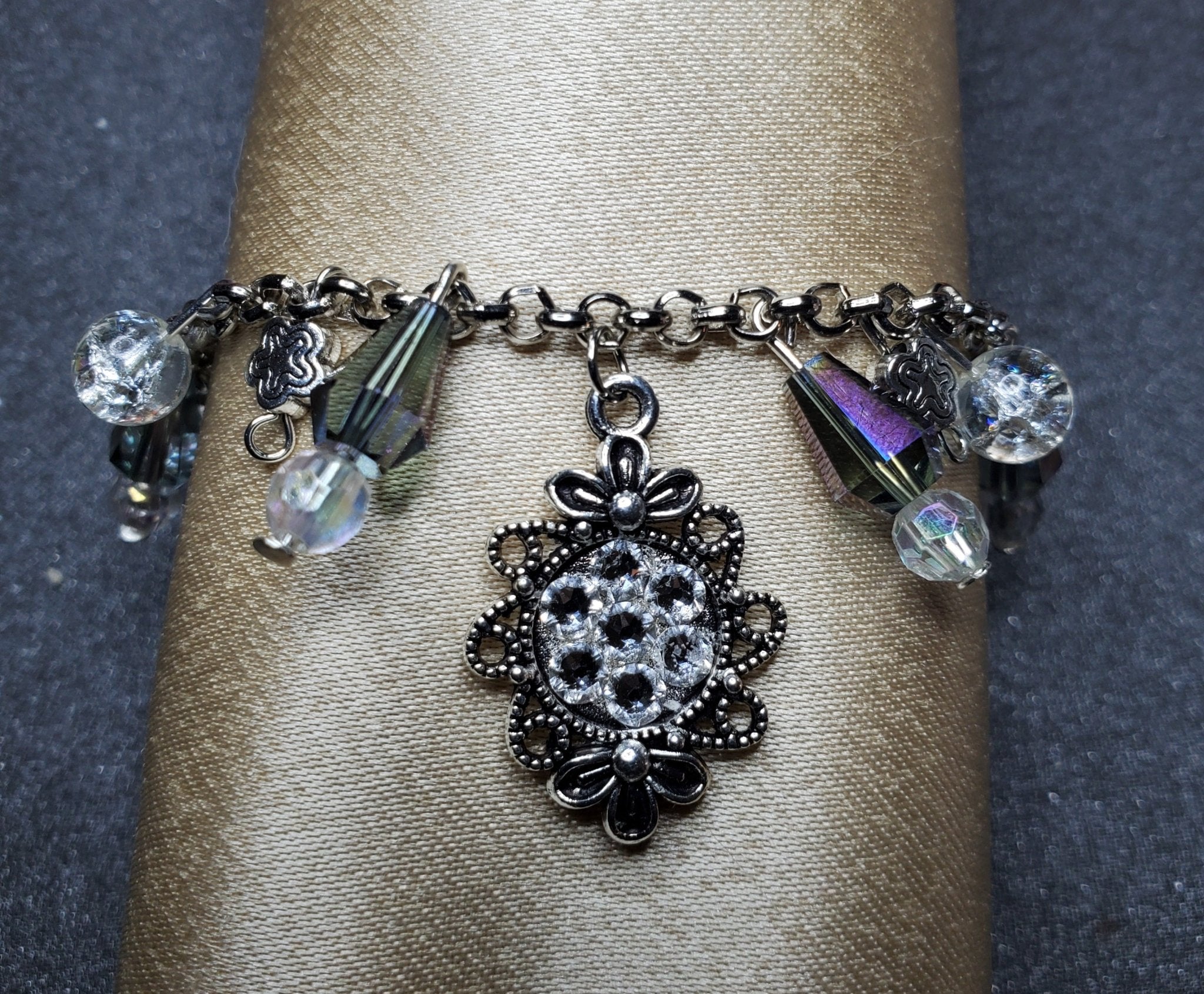 Busy charm bracelet glass and acrylic beads and silver tone flower bead charms - Arts & Scraps