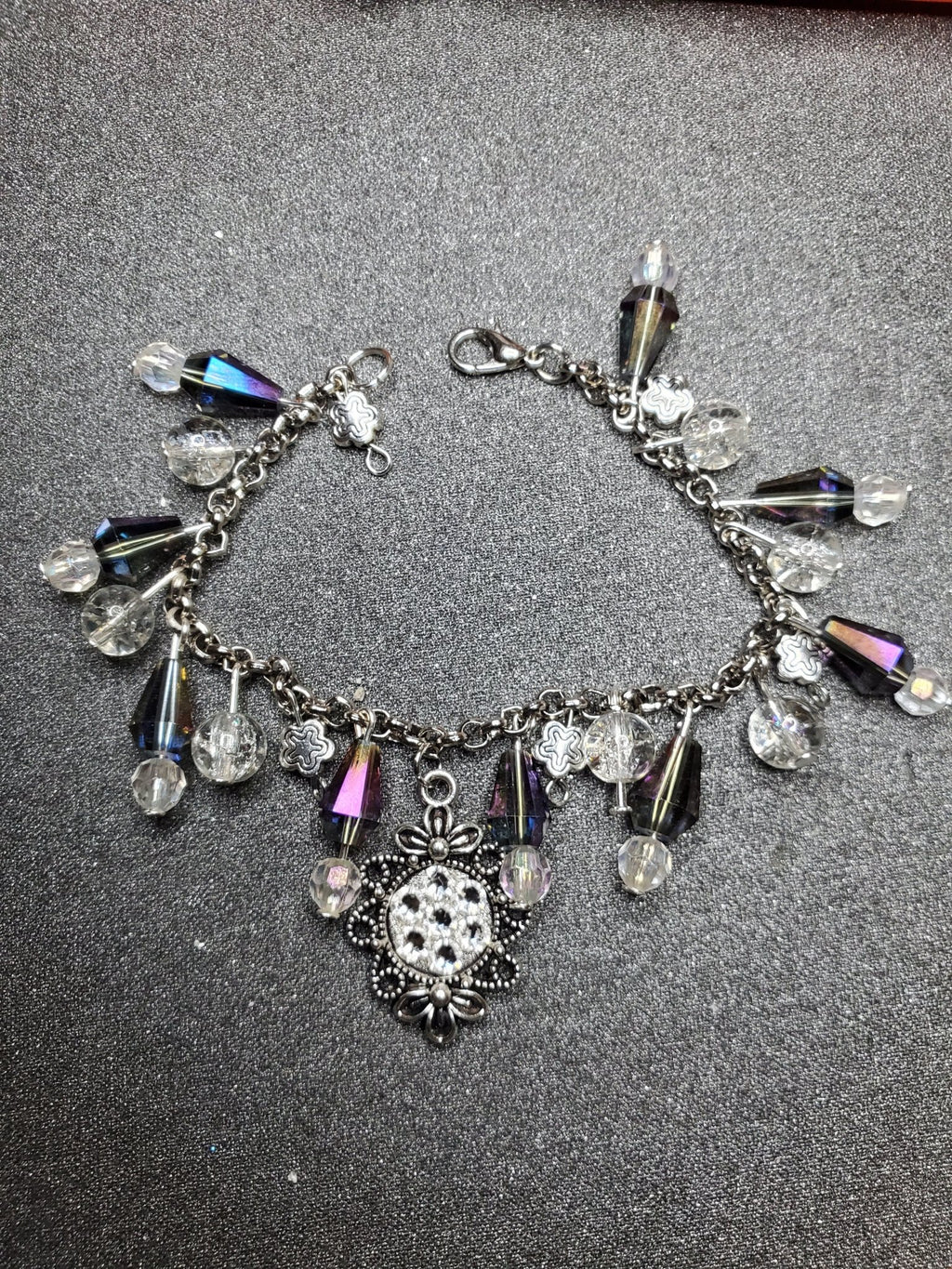 Busy charm bracelet glass and acrylic beads and silver tone flower bead charms - Arts & Scraps