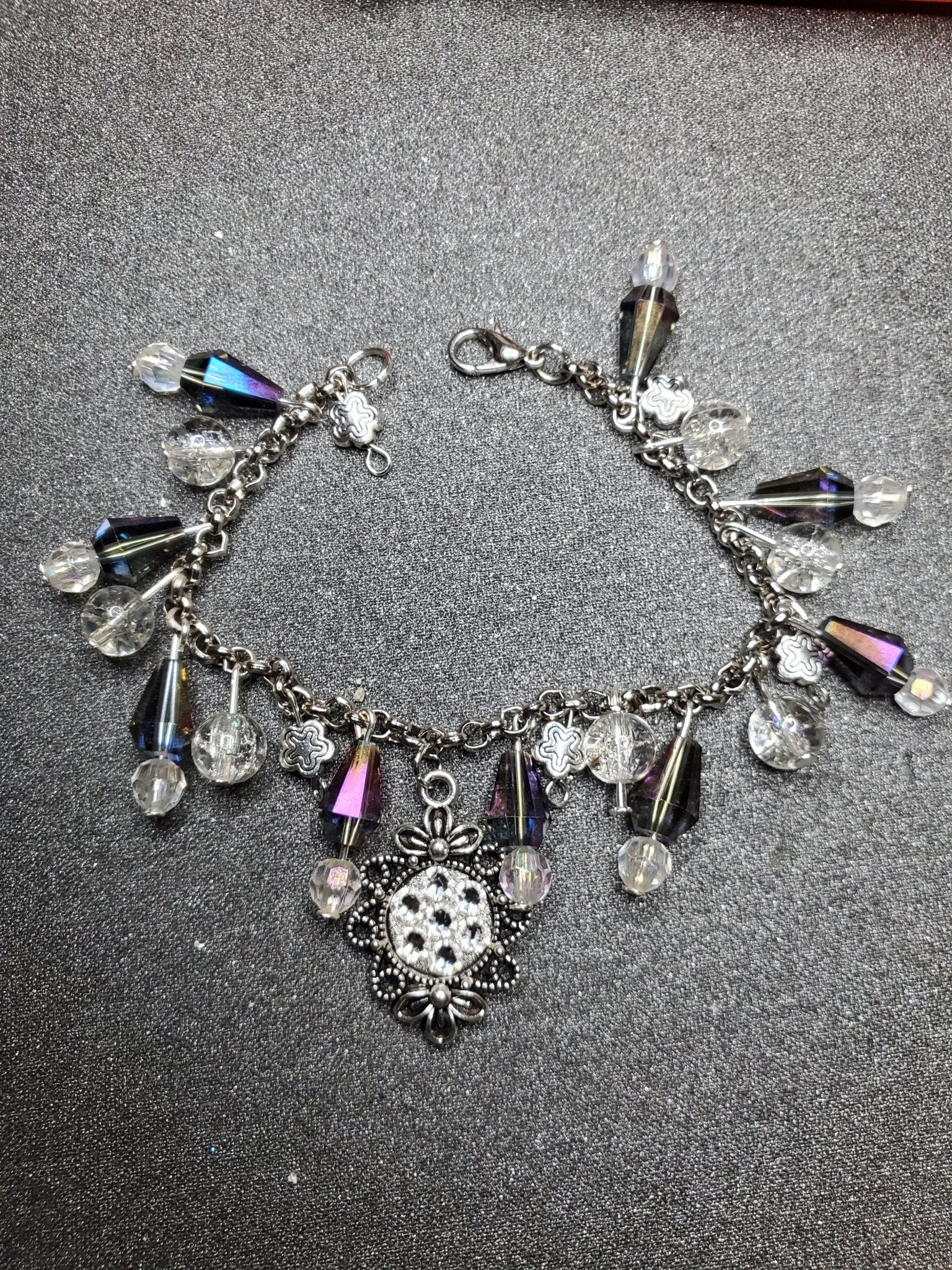 Busy charm bracelet glass and acrylic beads and silver tone flower bead charms - Arts & Scraps