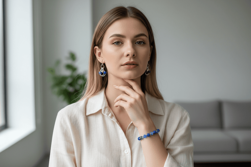 Dangling blue and silver bead earrings and bracelet - Arts & Scraps