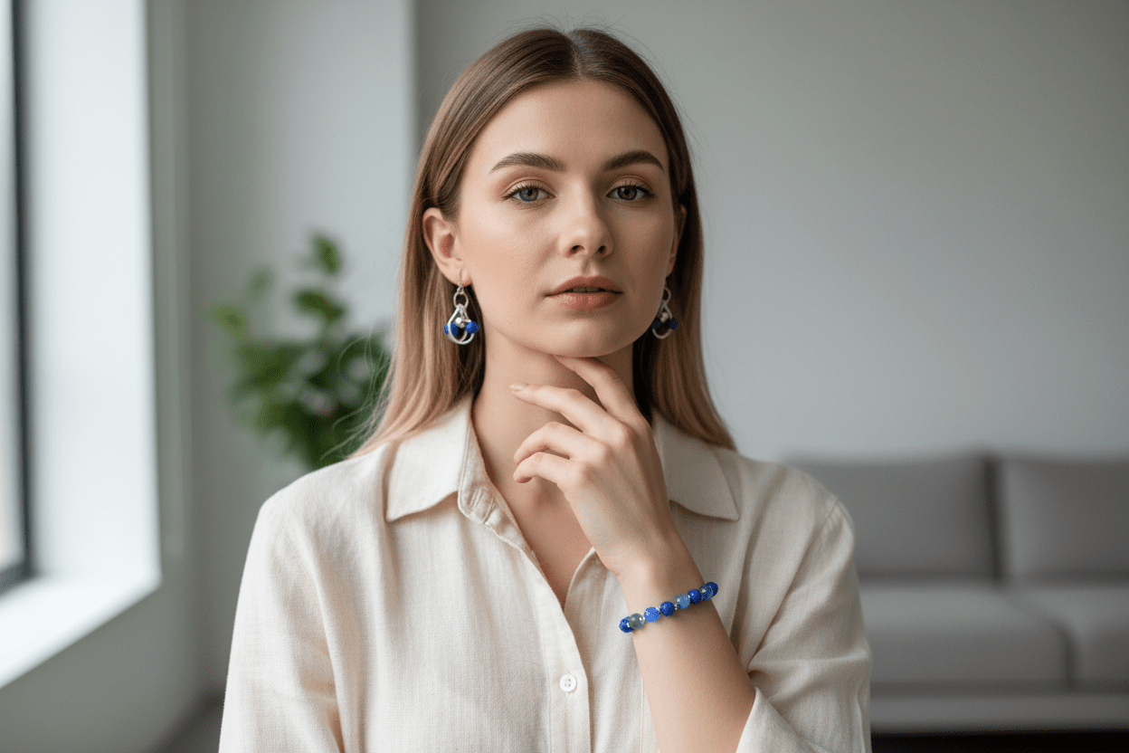 Dangling blue and silver bead earrings and bracelet - Arts & Scraps