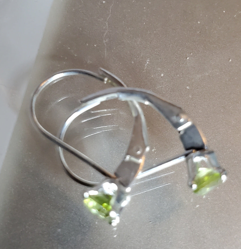 Elegant August birth stone earrings. Peridot in sterling silver leverback setting. - Arts & Scraps