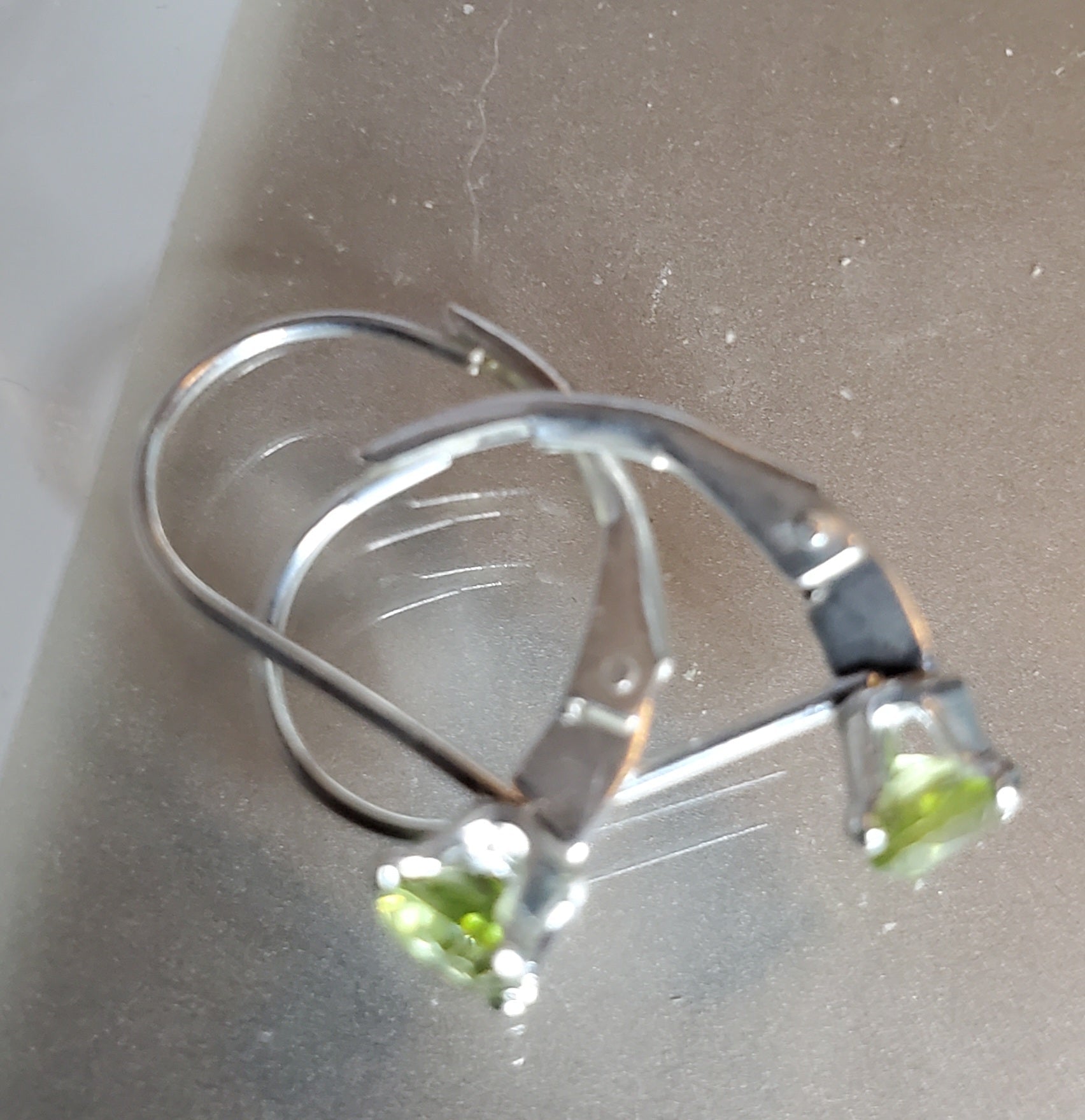 Elegant August birth stone earrings. Peridot in sterling silver leverback setting. - Arts & Scraps