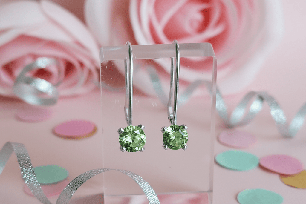 Elegant August birth stone earrings. Peridot in sterling silver leverback setting. - Arts & Scraps