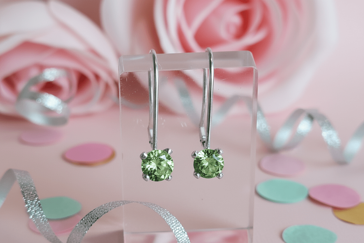 Elegant August birth stone earrings. Peridot in sterling silver leverback setting. - Arts & Scraps