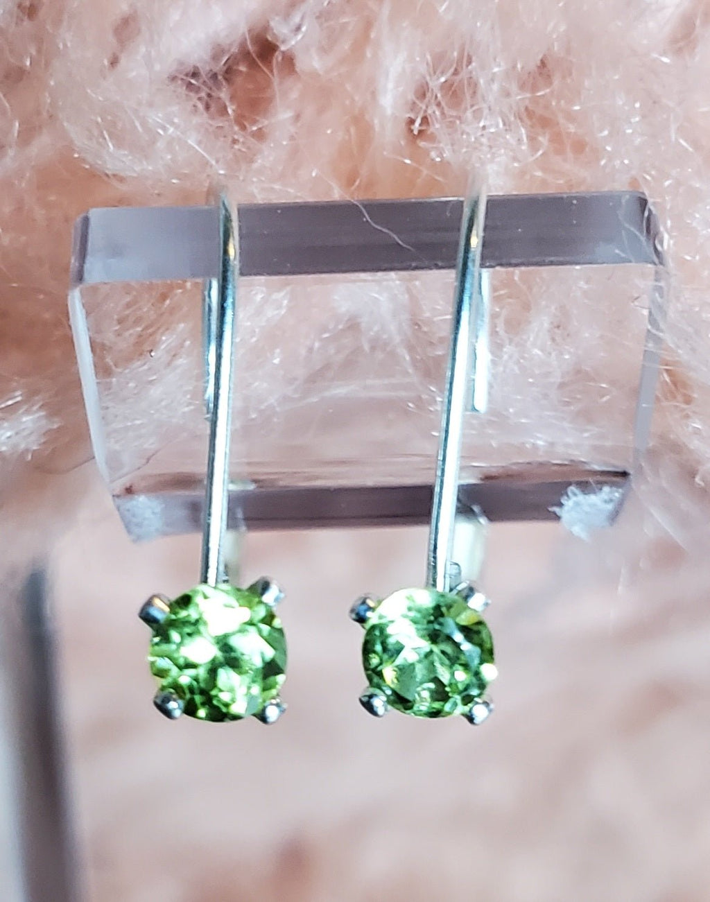 Elegant August birth stone earrings. Peridot in sterling silver leverback setting. - Arts & Scraps