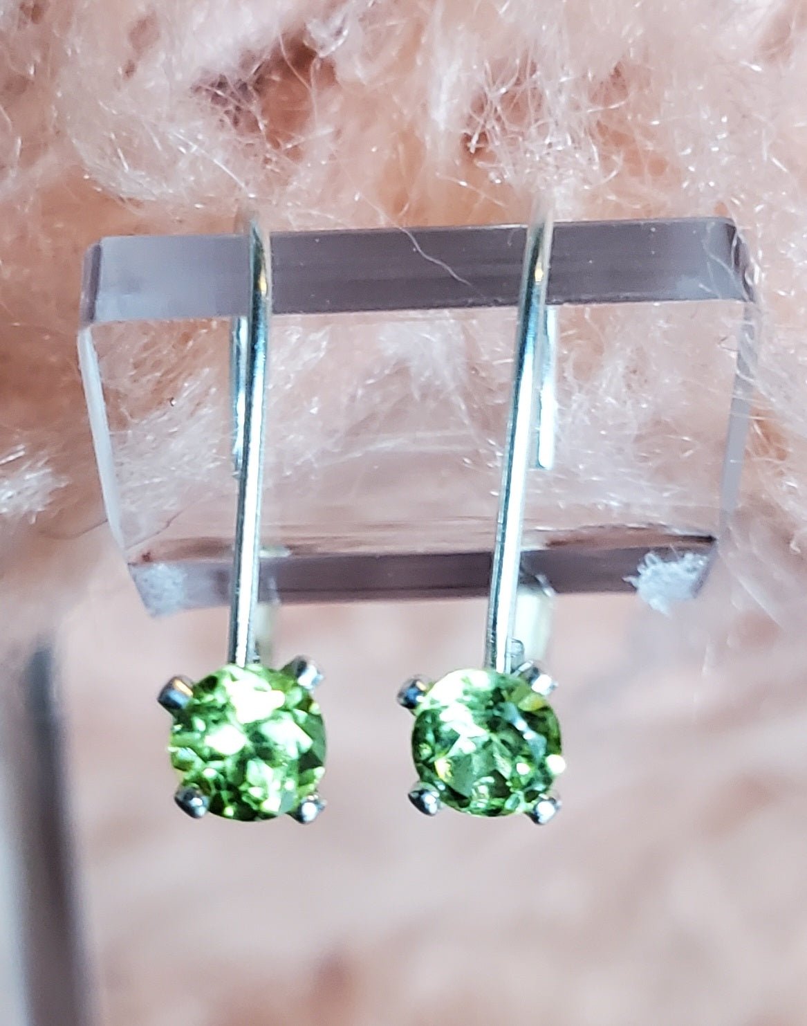 Elegant August birth stone earrings. Peridot in sterling silver leverback setting. - Arts & Scraps