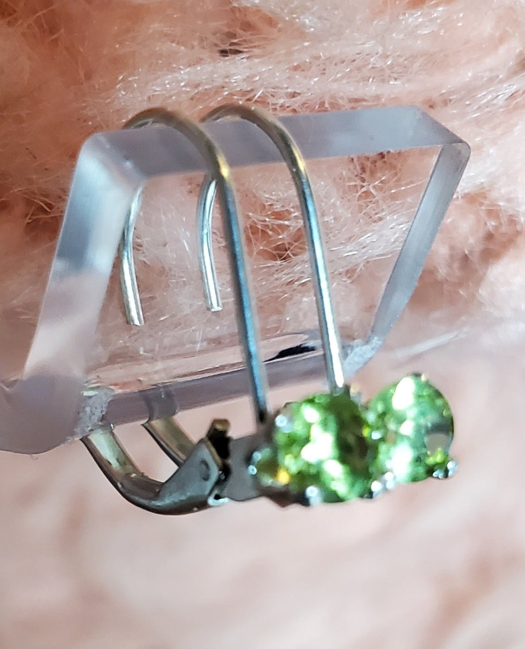 Elegant August birth stone earrings. Peridot in sterling silver leverback setting. - Arts & Scraps